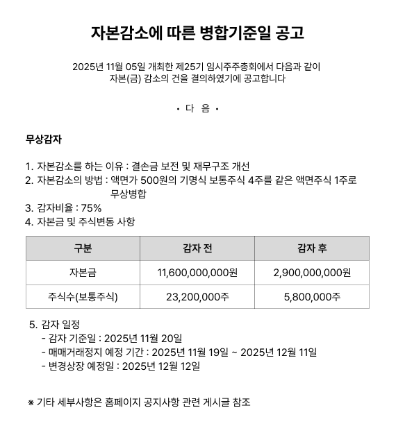 자본감소에 따른 병합기준일 공고 팝업